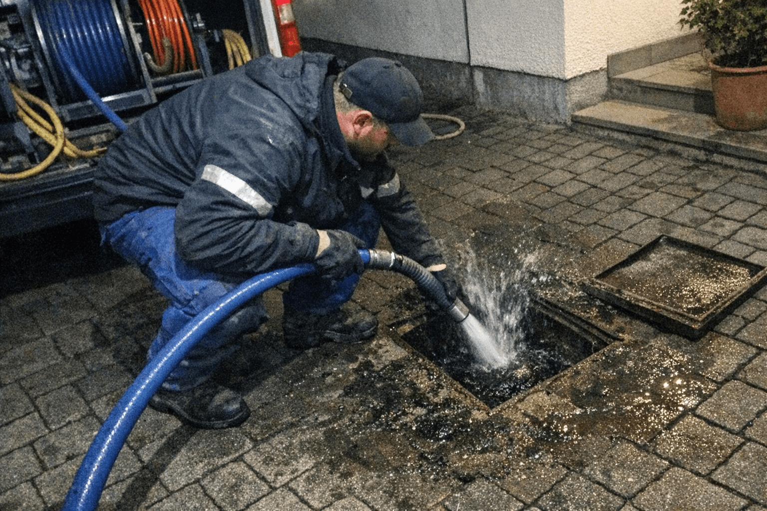 Techniker bedient Hochdruckspülgerät im Hof