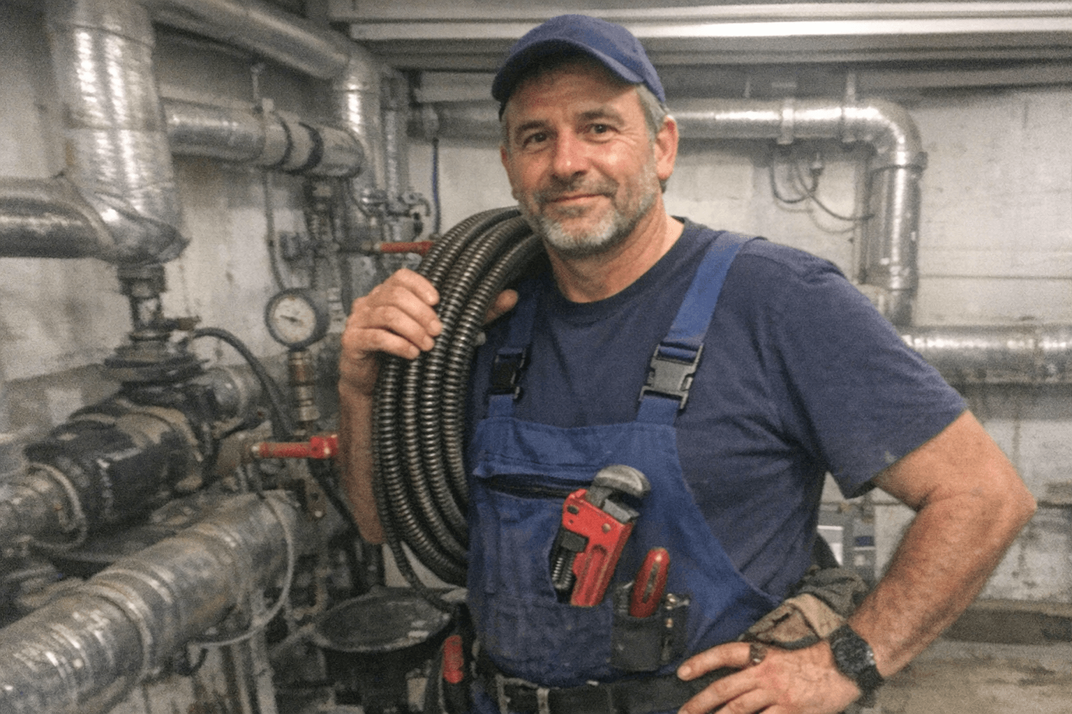 Monteur inspiziert Abwasserinstallation im Hauswirtschaftsraum mit Lampe und Messgerät