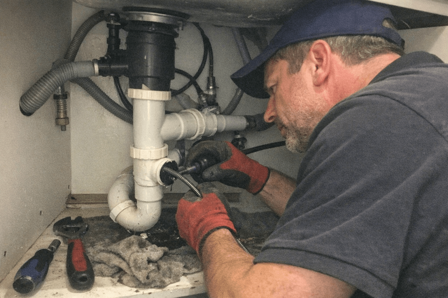 Techniker säubert Fettablagerungen unter der Küchenspüle