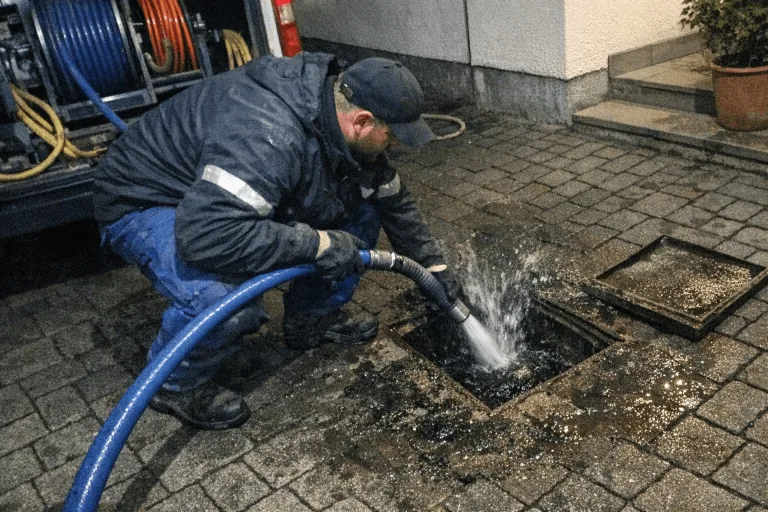 Hochdruckschlauch und Spüleinheit neben offenem Kontrollschacht im Hof