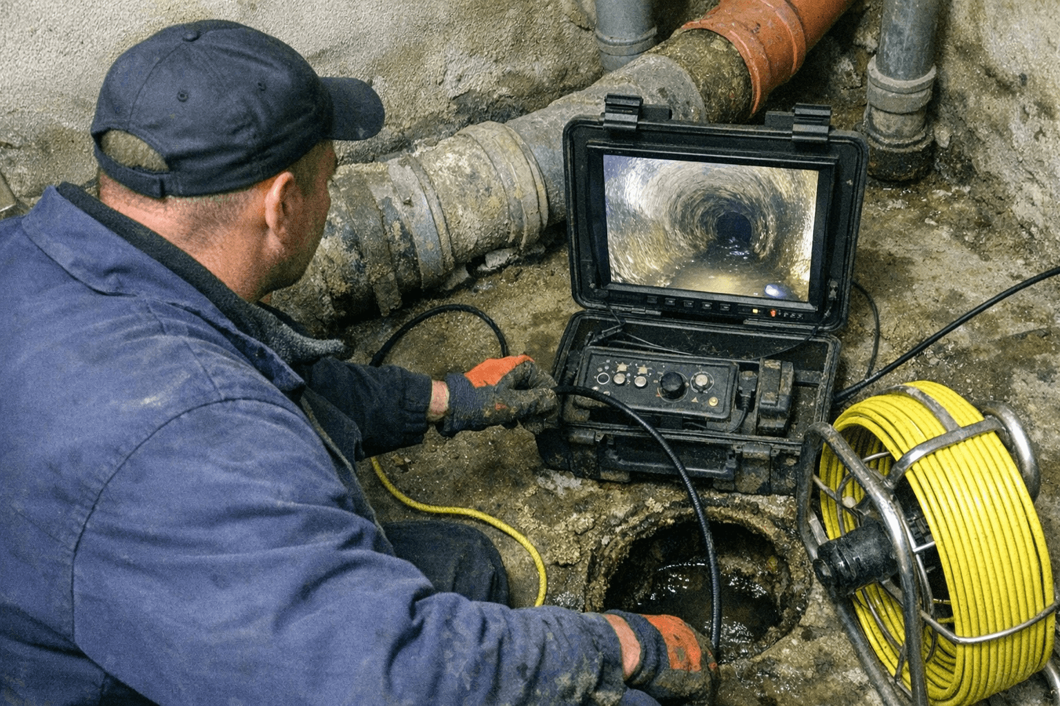 Kamerakopf wird in eine freigelegte Grundleitung eingeführt, daneben zeigt ein Bildschirm das Rohrinnere